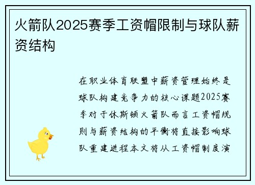 火箭队2025赛季工资帽限制与球队薪资结构