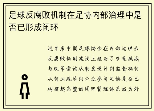 足球反腐败机制在足协内部治理中是否已形成闭环